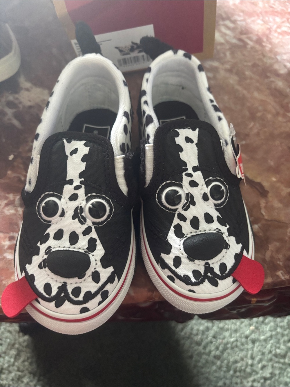 Vans Kids Black & White Dalmatian Slip-On Sneakers with Red Tongue Detail